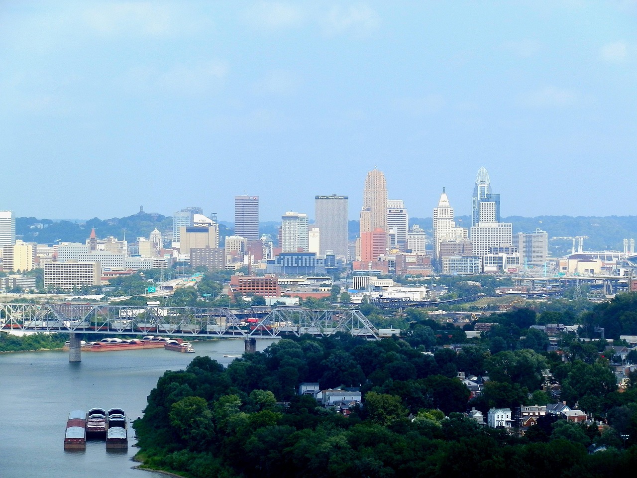cincinnati, nature, ohio, city, cities, urban, buildings, skyline, haze, hazy, sky, clouds, river, water, bridge, trees, outside, blue bridge